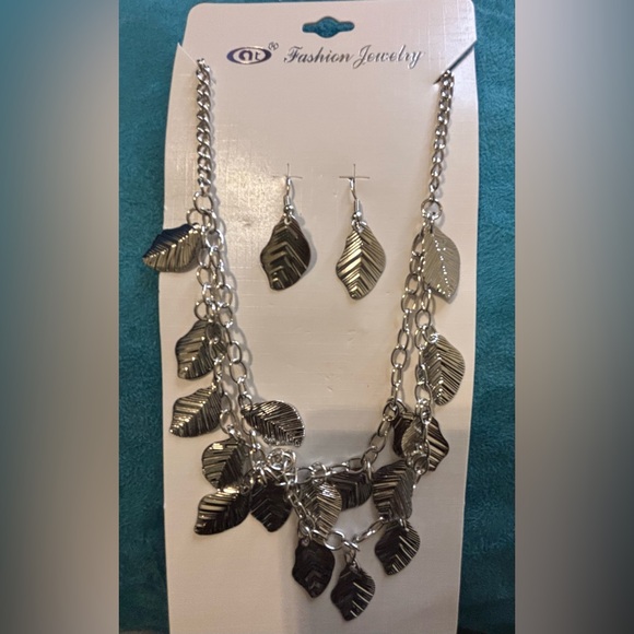 Silver Leaf Necklace and Earring Set - Picture 1 of 6